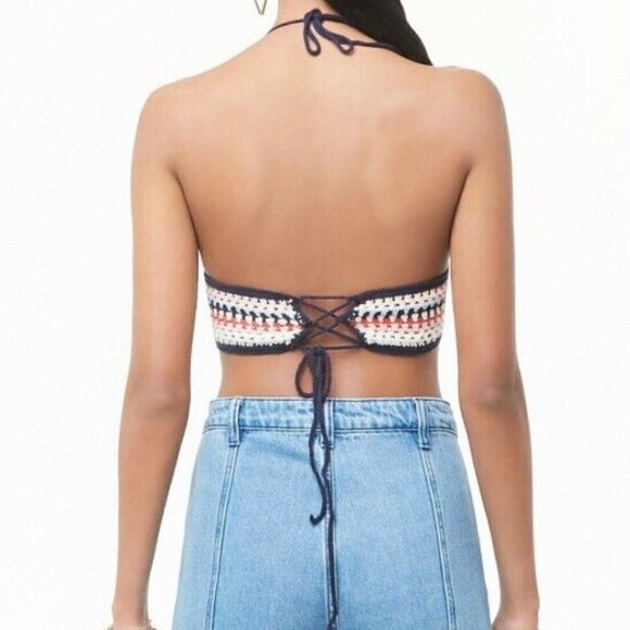 🔥 3/$15 🔥 Cropped Crochet Chevron Halter Top Festival Beachy Boho S - Picture 4 of 7